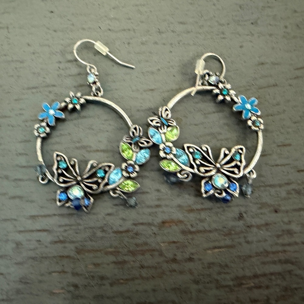 Boho Silver Butterfly Flower Hoop Earrings Blue Bead Accents Nature Jewelry